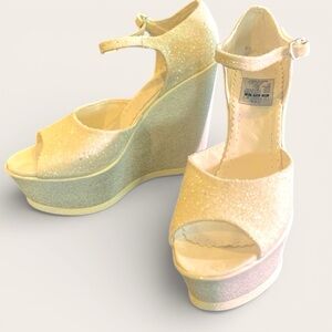 Bridal wedge platform heels white glitter ankle strap wedding 7.5 comfortable